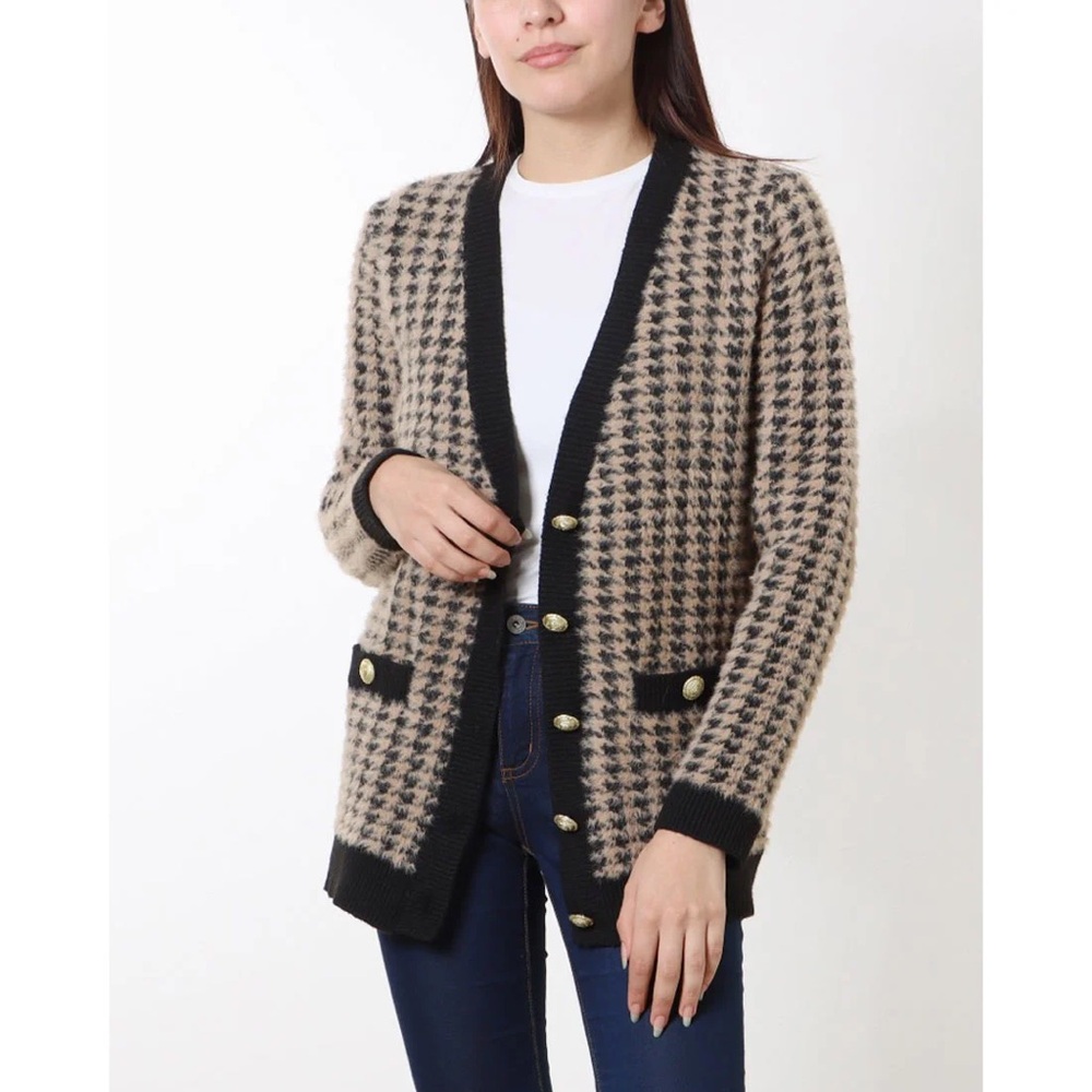 Tahari Houndstooth Cardigan with Gold Buttons
